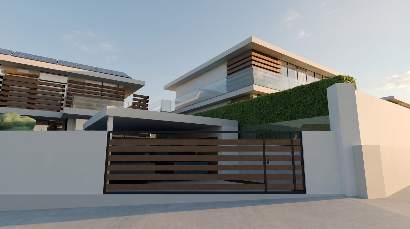 The entrance from the road at eye level: the white wall fence, the sliding car gate of teak slats with its small door, the carport behind and the penthouse above