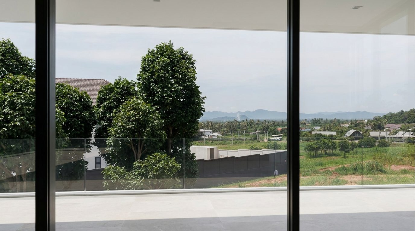 The view from the penthouse lounge over the trees to the hills