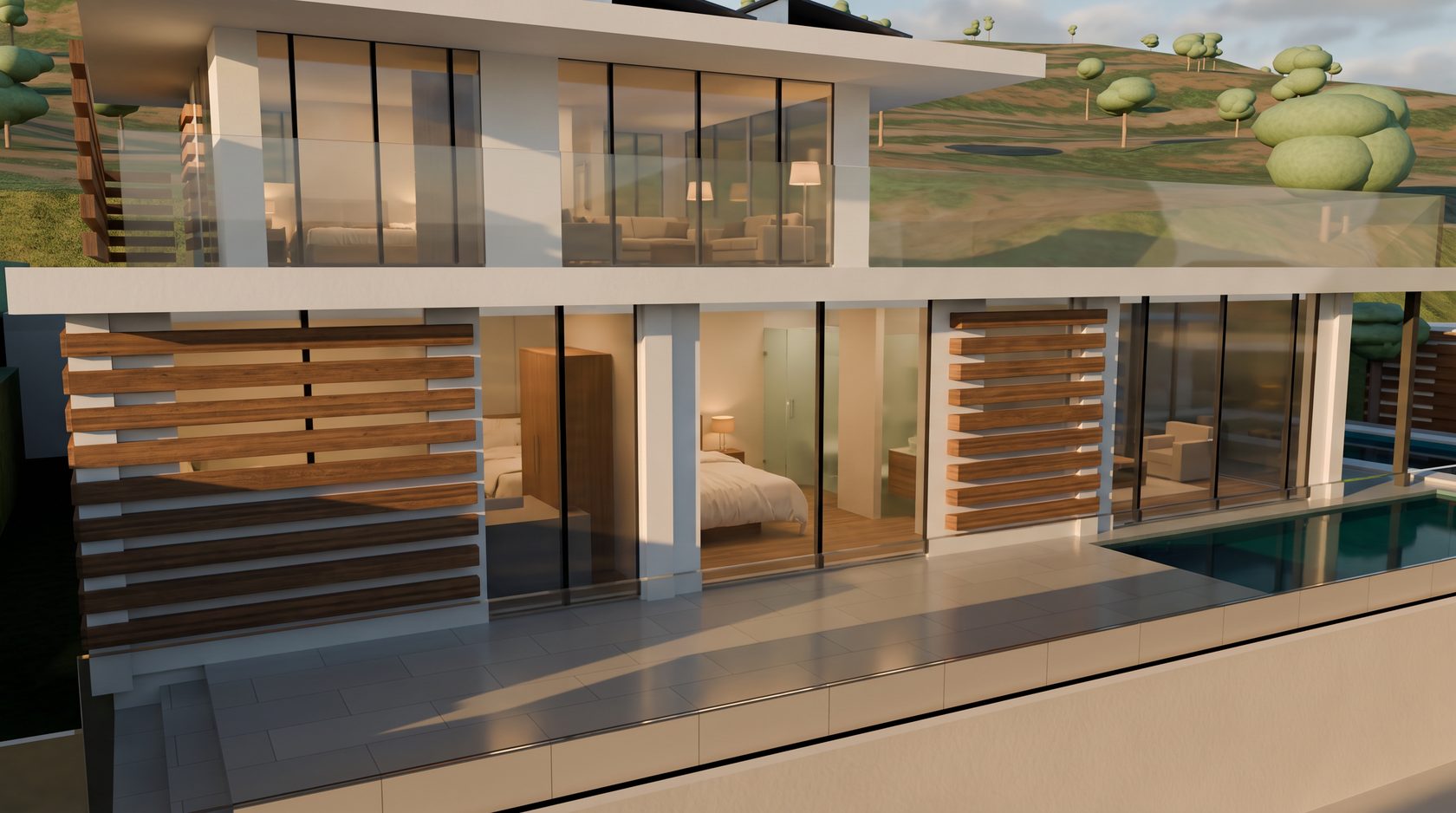 The villa's garden side in the afternoon, the bedrooms behind full-height glass